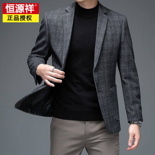 恒源祥春秋装羊毛呢小西装男加厚磨毛格子条纹呢子外套男中年休闲西服 灰色BGW-3 M