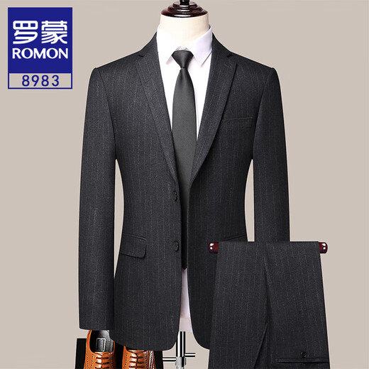 ROMON Striped Suit Men's Suit Formal Professional Wedding Groom's Dress Slim Business Casual Groomsmen's Suit Men's Dark Blue 8985 Suit Top + Pants 175/L Recommended 116-130 Jin Jin equals 0.5 kg