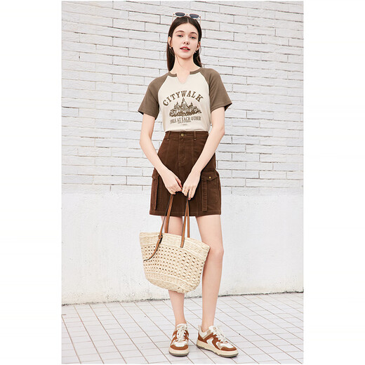Betu women's summer new T-shirt American retro printed raglan contrast short-sleeved T-shirt for women 2404T10 apricot XS