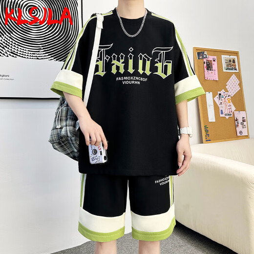 KLSJLA休闲套装男夏季潮牌冰丝运动短袖短裤男装一套搭配青少年帅气衣服 DT681米白套装 M 170 (约110-125斤可穿)