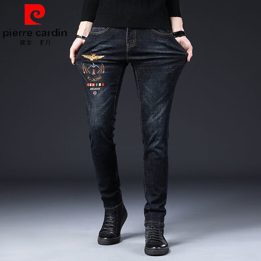 
Pierre cardin Hong Kong men's knitted jeans spring, autumn and winter new fashion embroidered elastic slim casual versatile trousers light gray 6628 33 (2 feet 6)