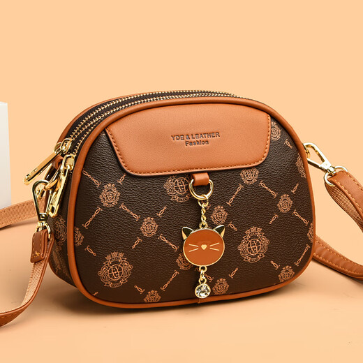 袋鼠真皮包包女2024春夏七夕潮时尚印花小圆包百搭高级感单肩斜挎包 大字母棕色