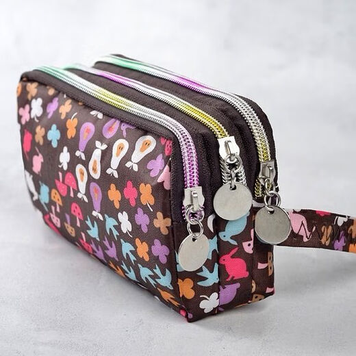 Mangcang three zipper fabric wrist clutch bag women fashion versatile cartoon student bag long change key mobile phone bag style love