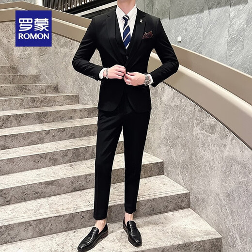 Luo Meng Men's Suit Suit 2025 Autumn and Winter New Wedding Dress Fashion Business Professional Suit Three-piece Set for Men One Button Black L
