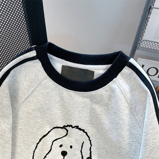 POUM sweatshirt men autumn and winter Chinese cotton round neck puppy print versatile trendy couple casual XXJR-FG1349 white gray L