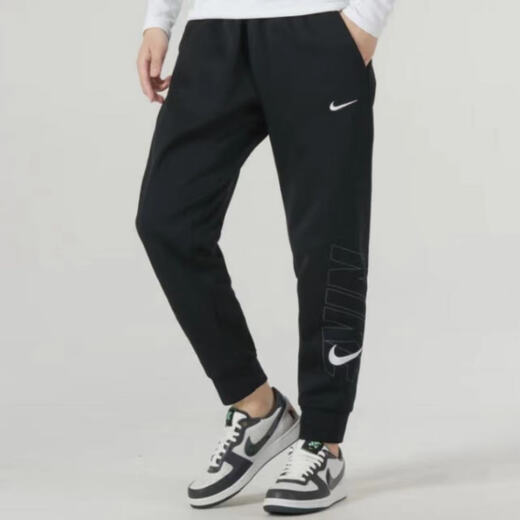Nike (NIKE) letter Logo American retro embroidery hooded drawstring pullover long-sleeved trousers casual sports suit for men and women, black top + black trousers S