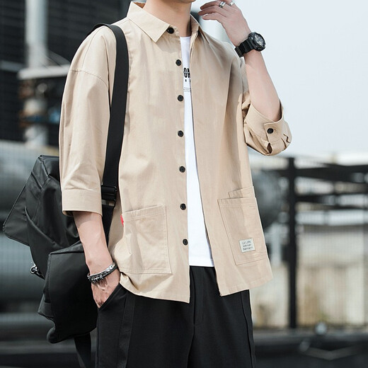 
JEEP SPIRIT Jeep Outdoor Shirt Men's Versatile Solid Color Korean Style Long Sleeve Men's Cropped Sleeve Summer Casual Top Men's Shirt Workwear Light Gray 8829 (Cropped Sleeve) XL