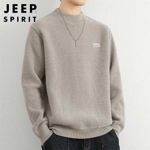JEEP SPIRIT Jeep sweater men's autumn and winter Korean style round neck sweater men's one-piece velvet warm sweater light gray XL