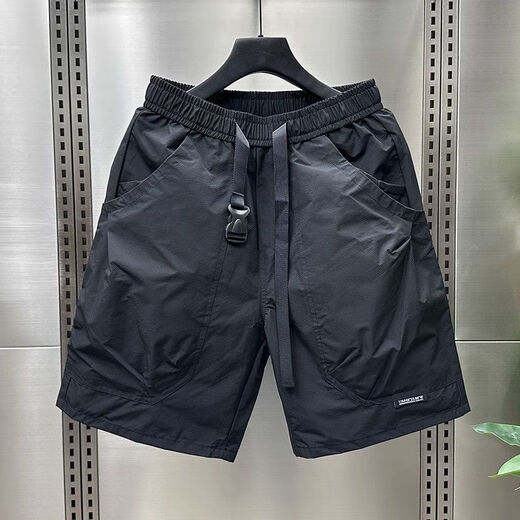 Lingkaqi Summer Men's Pocket Zipper Working Shorts Men's 2024 All-match Loose Quick Dry Sports and Leisure Five-Pin Beach Pants Black 23 Surface Zipper - Nylon Fabric 2XL Recommended 140-160Jin [Jin equals 0.5 kg]