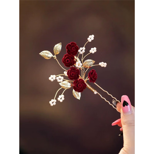 Qimei Lianxi's mother-in-law's updo hairpin hairpin wedding banquet mother's red festive hairpin hairpin fringe edge clip on the back of the head a red rose hairpin