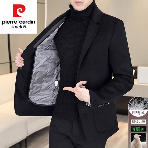 Pierre Cardin high-end cashmere double-sided woolen coat men's down liner short woolen coat autumn and winter men's woolen suit FY818 black high-end 70 wool double-sided woolen removable down liner 4XL (165-190Jin Jin equals 0.5 kg)