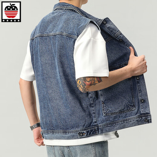 Aemape Apple Denim Vest Herrenjacke European und American Trendy Frühling großer Taschenhülsen und Mode Marke Vest Horse Clip 9215# Blue 4xl (Empfohlen 210 230jin [Jin gleich 0,5 kg])