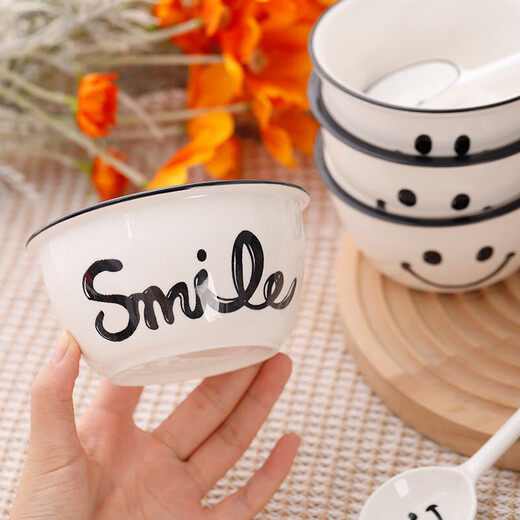 Super popular 4.75-inch rice bowl, large-capacity food supplement bowl, ceramic bowl, smiley face bowl, 2 bowls, 2 scoops