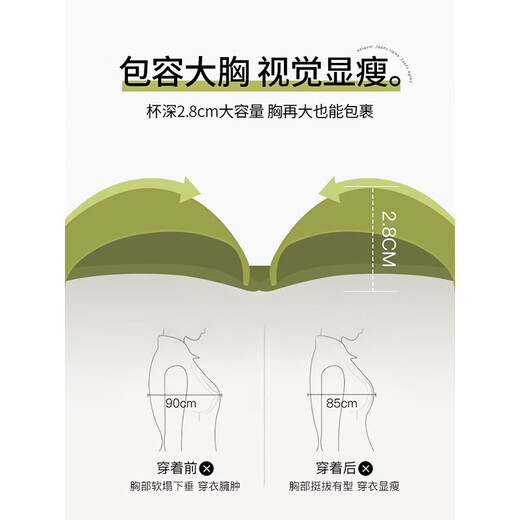 莫代尔无痕内衣女大胸显瘦聚拢上托女士文胸罩收副乳防下垂薄款大码文胸 轻薄无痕绿色1件装 75B 薄杯75/34B厚度4MM