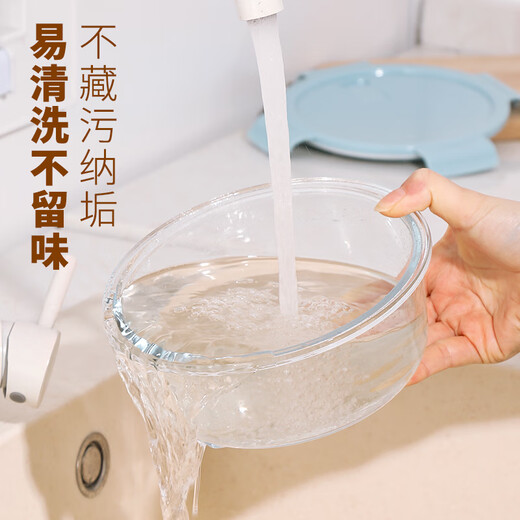 Xindian Round Office Worker Glass Lunch Box Microwave Heating Special Bowl Fruit Bento Box Fresh Box Noodle Bowl with Lid Blue Round 1050+1050+Bag+Tablets