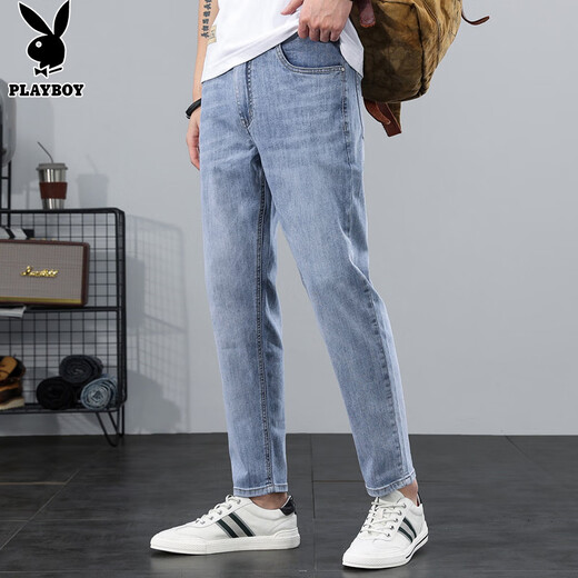 Playboy (PLAYBOY) jeans men's 2025 spring and autumn new trendy straight loose pants men's casual elastic Korean version of nine-point pants blue and gray X-6115HH9901 28