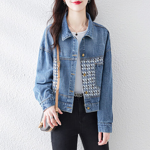 Cypress Denim Jacket 2025 Осень Новая Женская Женская Сплайсинга Сплайсин Прямой темперамент Корейский стиль вершина