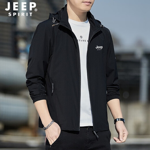 JEEP SPIRIT sun protection clothing men's summer ice silk thin breathable jacket men's removable hood high elastic sports fishing sun protection clothing black L