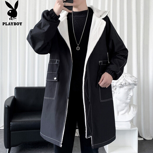 Playboy (PLAYBOY) windbreaker men's mid-length spring and autumn new high-end authentic trendy coat jacket men's hooded loose top men Z-401HHF262 black plus velvet L