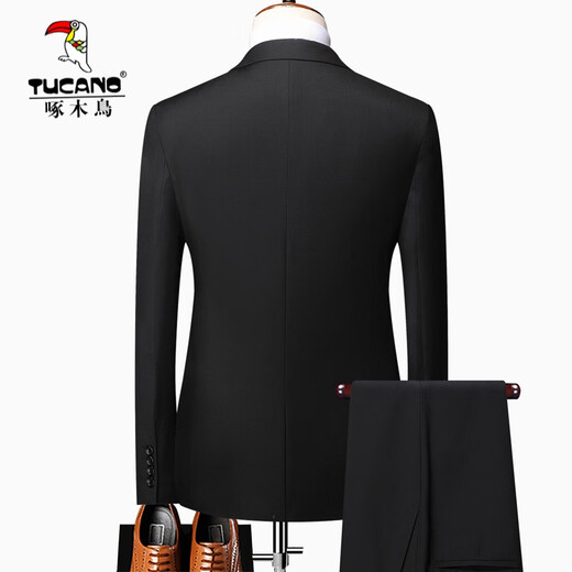 Woodpecker suit suit men's suit trousers business casual formal fit no-iron elastic versatile professional attire men's suit black two buttons (suit + trousers) 175/L