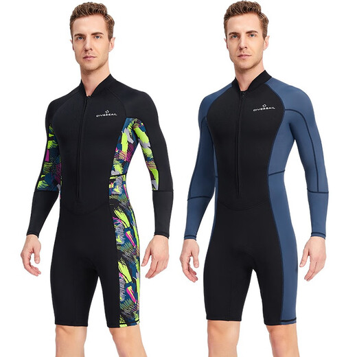 Yobel men's one-piece swimsuit 1.5MM neoprene warm long-sleeved sun protection swimsuit snorkeling surfing boating wetsuit black pattern short-sleeved shorts M recommended weight 120-140Jin Jin equals 0.5 kg