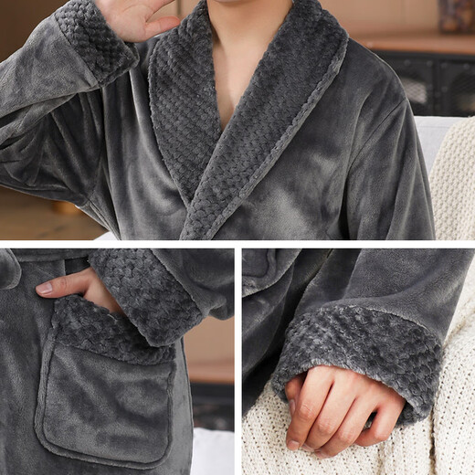 Yu Zhaolin (YUZHAOLIN) Men's Winter Coral Velvet Nightgown 25 Years Autumn and Winter New Thick and Long Plus Velvet Thickened Large Size Flannel Bathrobe NSMLZ-Dark Gray Double-Sided Velvet XL (Recommended 135-155 Jin Jin is equal to 0.5 kg)