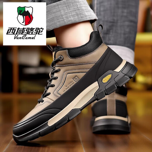 西域骆驼（VANCAMEL）棉鞋男2025冬季新款真皮加绒加厚羊毛雪地靴男士保暖休闲高帮男鞋 XG9852卡其加绒款 41 标准皮鞋尺码