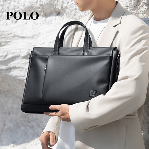 POLO briefcase soft leather men's business handbag 16-inch computer bag horizontal shoulder file bag birthday gift