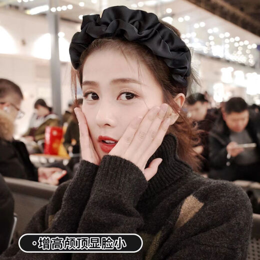 Mengkuan Wooden Ear-Edge Headband for Women, Super Fairy, High-Quality French Pleated Lace Headband, Versatile and Elevating Skull Headgear, Black 1 Piece