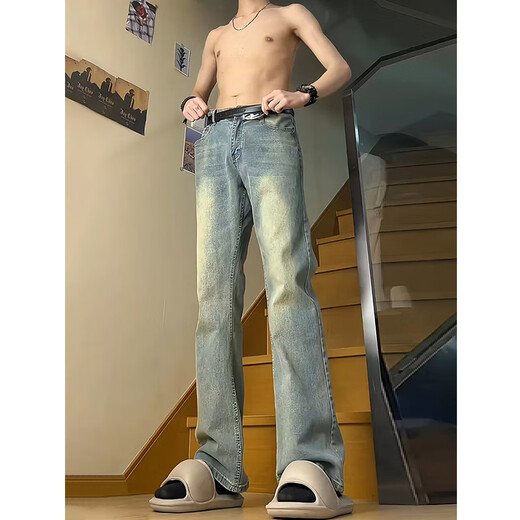 迪伽达美式高街cleanfit复古蓝牛仔裤男秋冬季直筒修身vibe裤子高腰微喇 GY-3026蓝色 XL