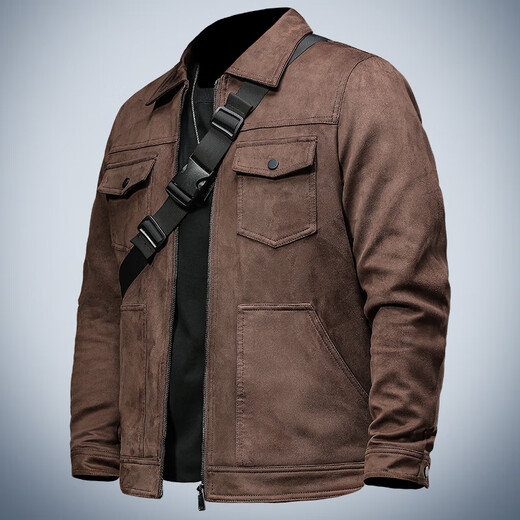 Jiyan Chao Luxury Leather Jacket Men's Winter Velvet Thickened Windproof Warm Lapel Multi-Pocket Men's Casual Jacket Coat Premium Khaki 2XL