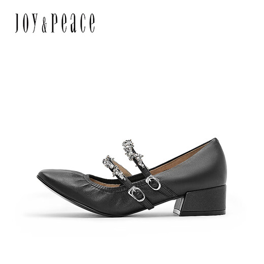 
Joy/peace's new spring rhinestone chain medium thick heel women's Mary Jane shoes 6621DAQ4 black 38