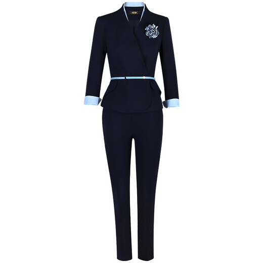 Luo Meng Professional Suit Formal Wear Women's Sales Department Work Clothes Interview Suit Hotel Front Desk Workwear Stewardess Uniform Summer Blue Collar Long Sleeve Navy Suit + Pants L