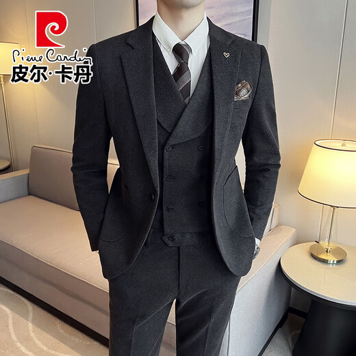 Pierre Cardin (pierre cardin) business slim suit men's spring and summer new woolen suit three-piece suit groom wedding formal dress SJT8339 khaki three-piece suit suit + trousers + vest XL