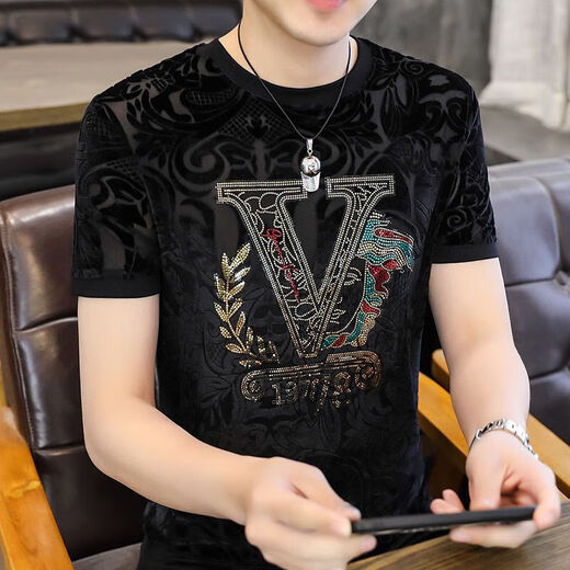 依慕琪植绒欧货男士冰丝镂空短袖T恤男装2023夏季上衣潮流衣服男 3893绿色 12XL m -120斤