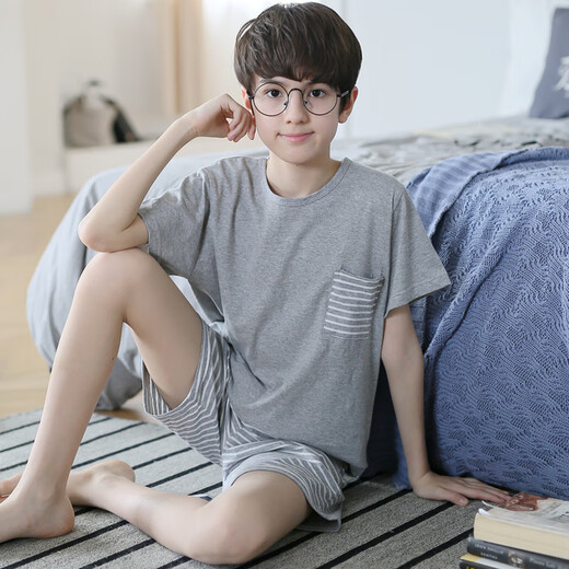 Mannido Boys Pajamas Лето новая короткая рукава мальчики с чистым хлопком детей Большой детской хлопковой молодежной домашней одежды N6621 [Double Short] 180 увеличенного кода версии XL [130-150JIN [Jin равно 0,5 кг]]