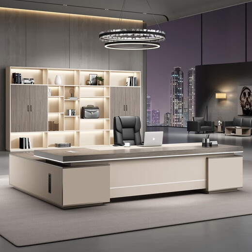 Boss desk and chair combination, high-end office, simple and modern, president computer desk, large board table, manager desk, executive desk, ebony wood + iron gray, 2.6m desk and chair + 2.8m bookcase