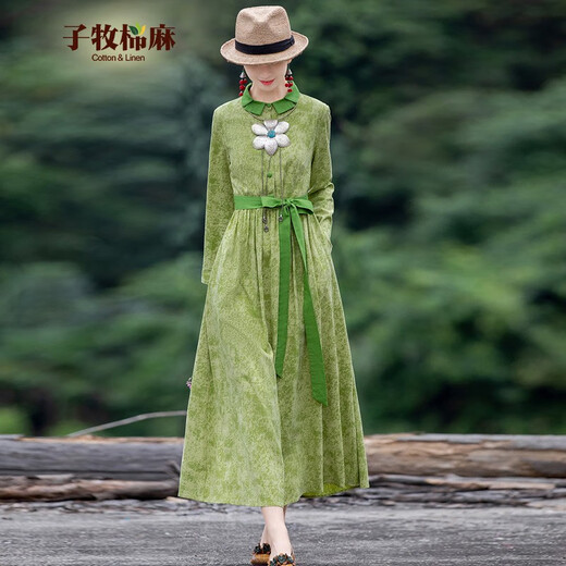Zimu Algodón y hilo Spring y otoño Temperamento étnico Femenino Temperamento que abraza la cintura y elgado vestido largo 3897 Verde M