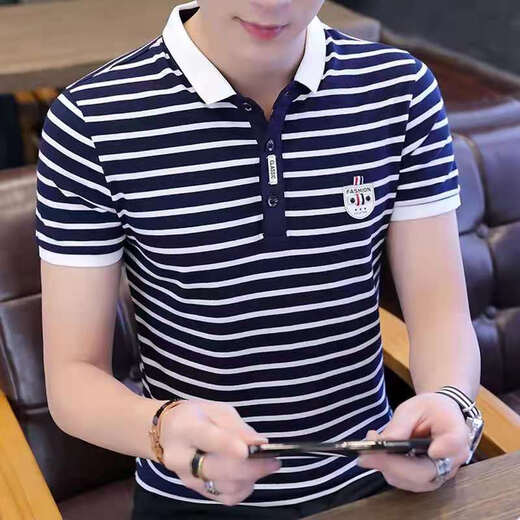 简方位条纹短袖T恤男有带领韩版修身翻领韩版上衣服领衫 5012黑色 5002#白色 3XL 均码  建议150-165斤