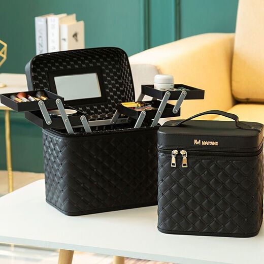 Xingyi Cosmetic Bag Internet celebrity portable hard shell cosmetic storage box large capacity multi-functional cosmetic case black heightened double layer - embroidered sequins