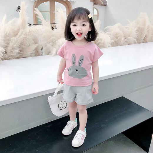 布潮星女童套装夏装新款夏季儿童洋气女宝宝童夏天短袖T恤短裤小孩衣服 粉红色（上衣+裤子） 110码建议3-4周岁）