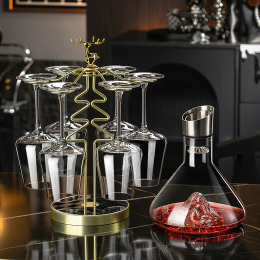 RIDOSS new red wine glass decanter set household high-end cup holder European large wine crystal goblet romantic style * 6 + with handle + golden smooth sailing rack