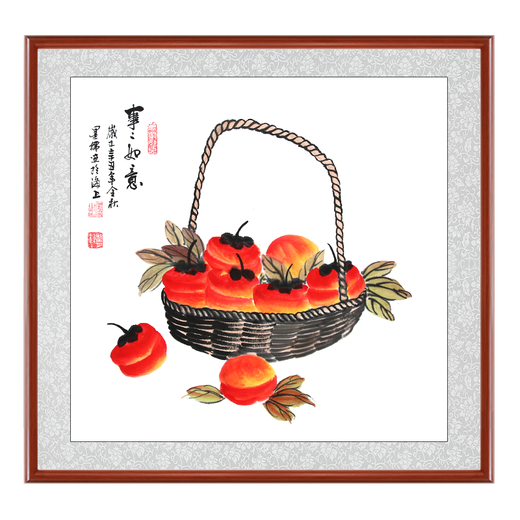 Han'ao famous hand-painted Chinese painting restaurant decoration painting entrance hall hanging painting corridor wall painting ink painting persimmon persimmon Ruyi mural everything goes well with arc brown frame framed with solid wood frame 65*65cm