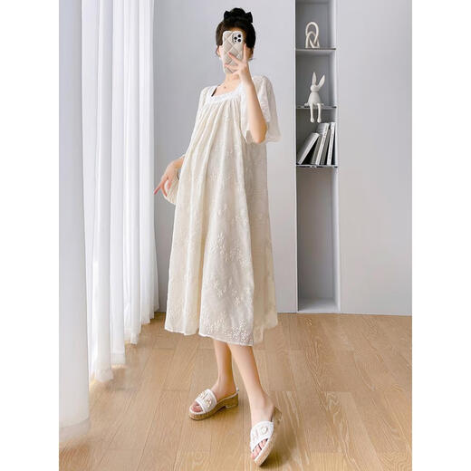 
Geman maternity dress summer loose large-size top covering belly summer skirt puff sleeve maternity dress summer skirt off white XL (recommended 140-160 Jin [Jin equals 0.5 kg])