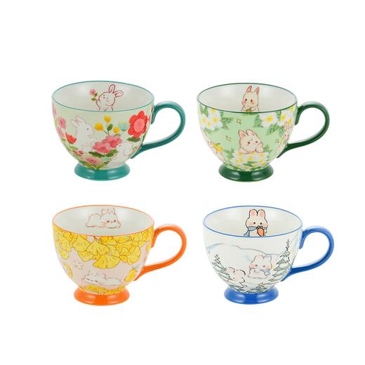 NetEase Selected Pastoral Hand-painted Series Oatmeal Cup Mug Breakfast Bowl Ceramic Water Cup Tea Cup Coffee Oatmeal Summer Flower Rabbit-400ml