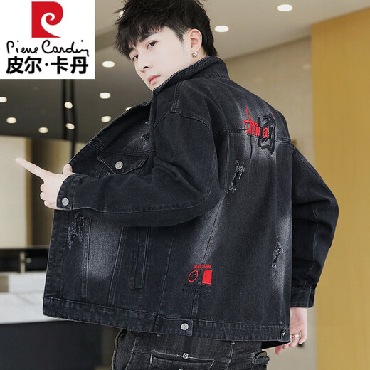 皮尔卡丹（pierre cardin）春秋季牛仔外套男潮牌百搭男装上衣服2025新款痞帅宽松工装夹克衫 5012黑色 M 110斤以下