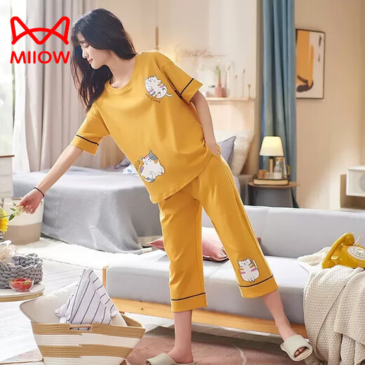猫人（MiiOW）纯·棉睡衣女2024年新款夏季短袖七分裤薄款休闲外穿家居服套装 七分：AD683 女M