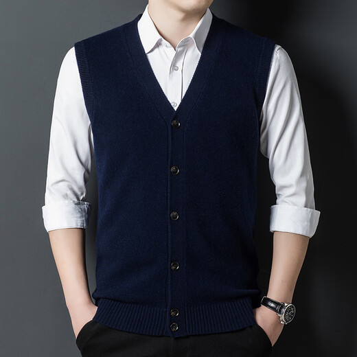Hengyuanxiang Autumn and Winter Men's 100% Pure Wool Vest Winter V-neck Wool Sweater Sleeveless Knitted Sweater Cardigan DNDS-55607 Minghua Gray XL (175)