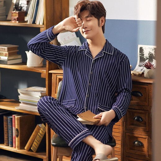 美姬安妮长袖纯棉睡衣男春秋季中老年人爸爸加肥加大码家居服肥佬秋款套装 15696 XXL（160-180斤）