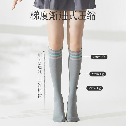 槿城 运动小腿袜子女春季专业健身肌能压缩压力跳绳跑步长筒袜WZ-701 三杠白【两双装】 均码